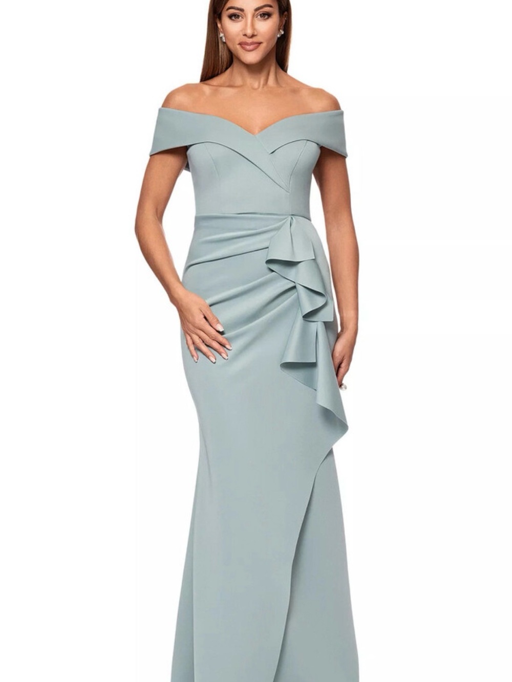 Xscape Off-Shoulder Sage Blue Evening Gown with Side Ruffle